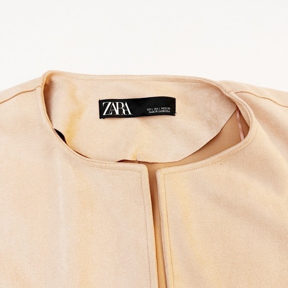 Zara Fringed Jacket Cardigan Textured Faux Suede Nude Pink Size L - Picture 2 of 6